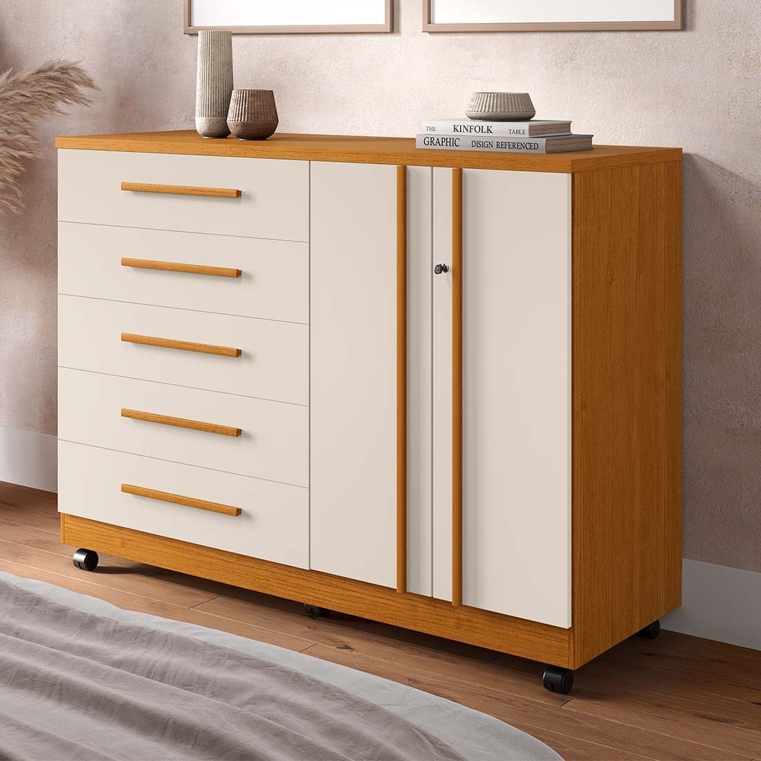 Cômoda Bella 5 Gavetas 2 Portas 136cm MDF ACP - Cin/Ofwh