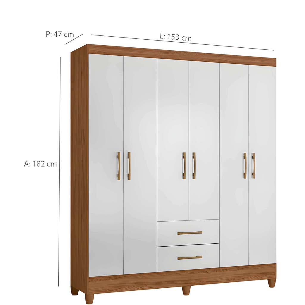 Guarda-Roupa Solteiro 6 Portas, Panamá, Naturale/Branco- Moval Guarda-Roupa Solteiro 6 Portas, Panamá, Naturale/Branco- Moval