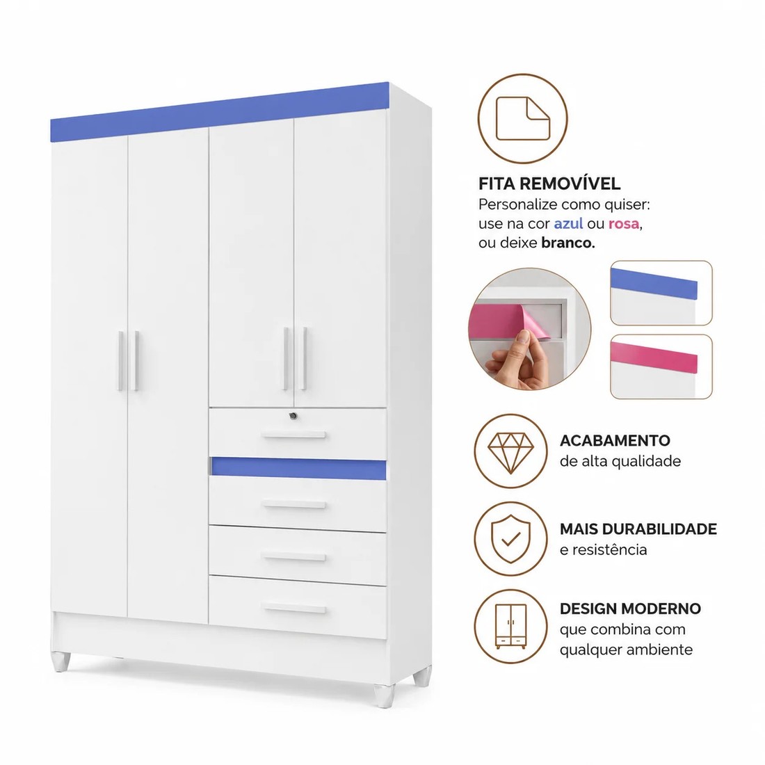 Guarda-roupa Solteiro Sobral 4 Portas 4 Gavetas com Chave Moval - Branco