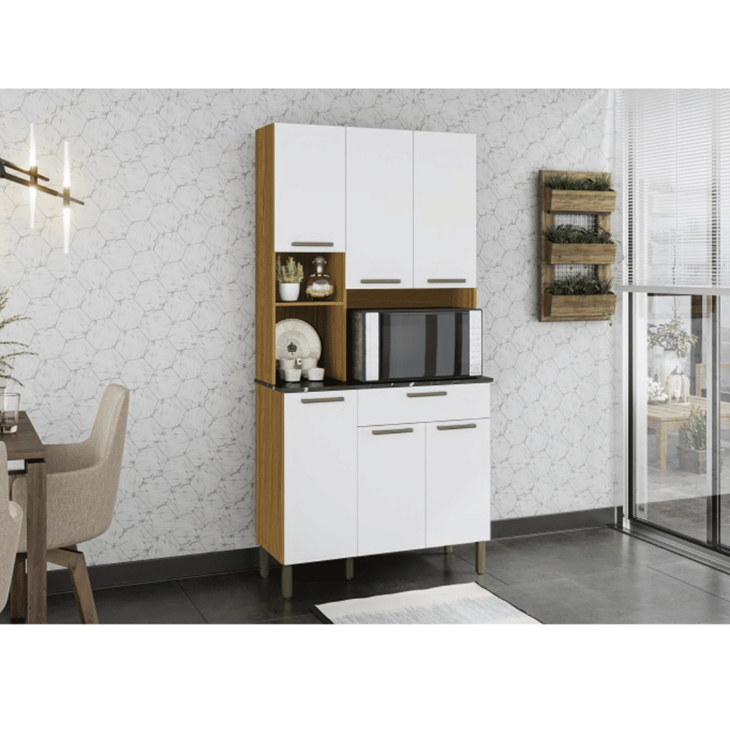 Armário de Cozinha Kit 6 Portas 1 Gaveta em MDF  Ronipa Tannat Amendoa/Branco Armário de Cozinha Kit 6 Portas 1 Gaveta em MDF  Ronipa Tannat Amendoa/Branco