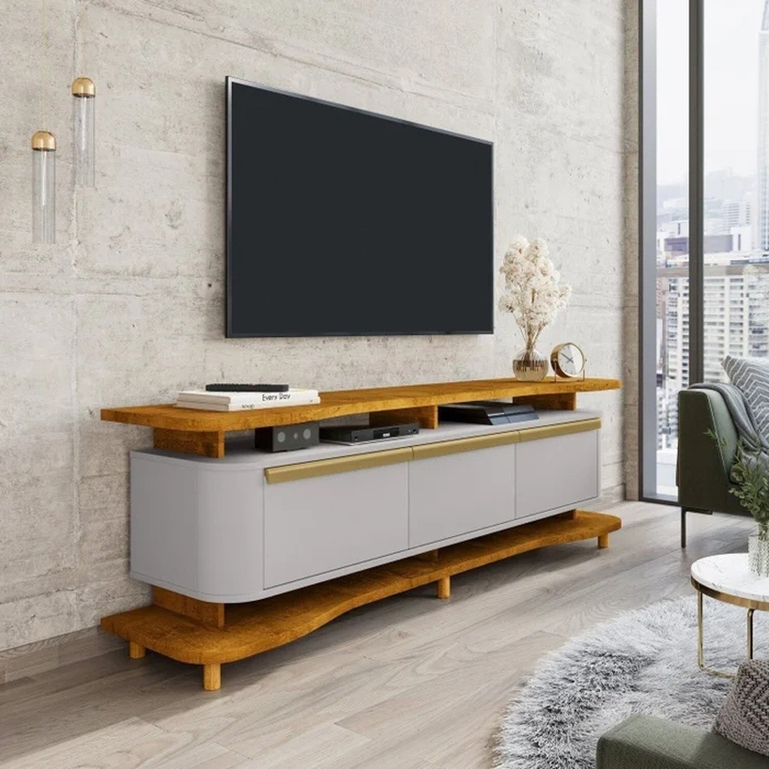 Rack para TV até 75 Polegadas Guarapari 3 Portas Naturalle/Off White - Móveis Bechara Rack para TV até 75 Polegadas Guarapari 3 Portas Naturalle/Off White - Móveis Bechara