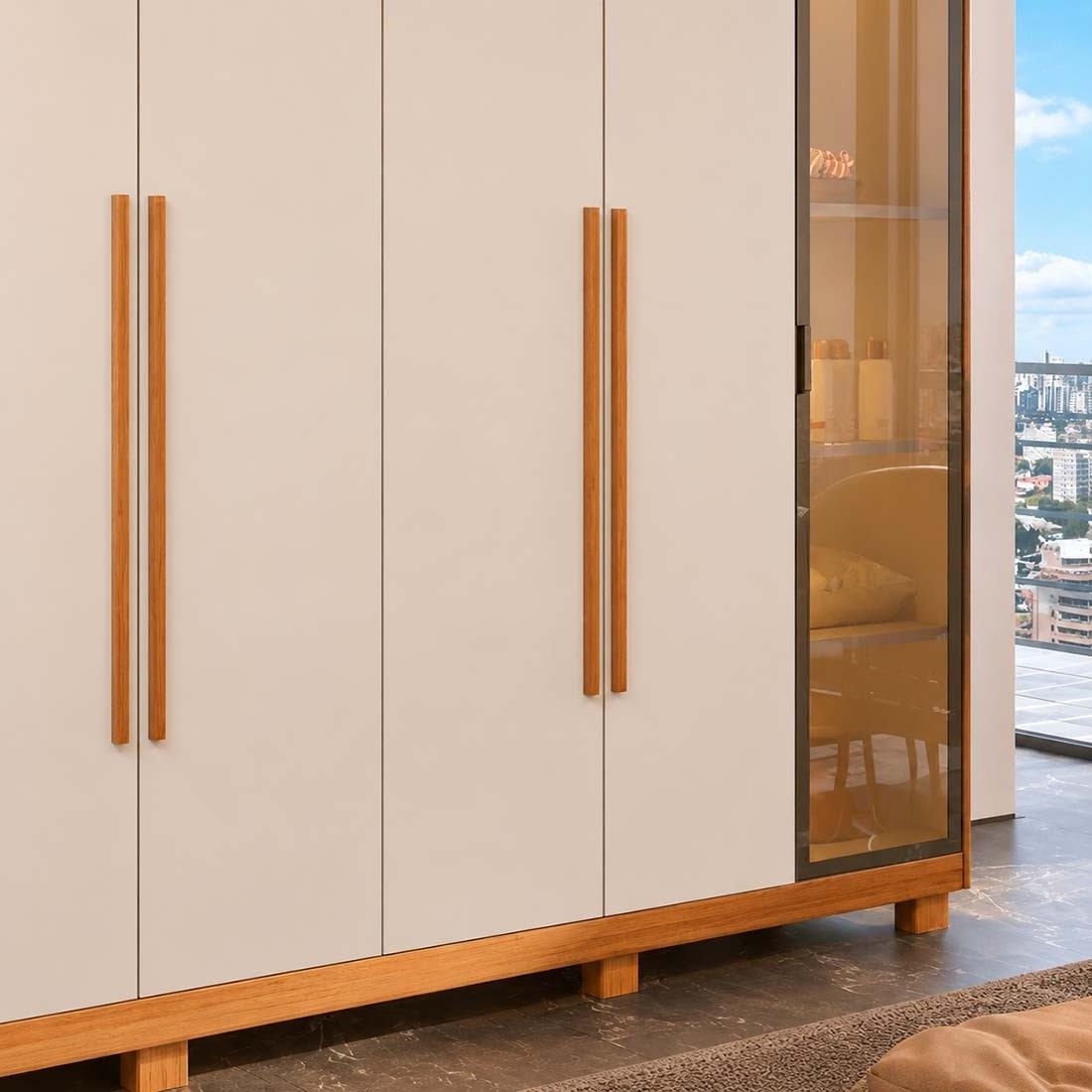 Guarda-roupa Casal Mary Reflecta com LED 6 Portas 238cm 100% MDF - Natural/Off White