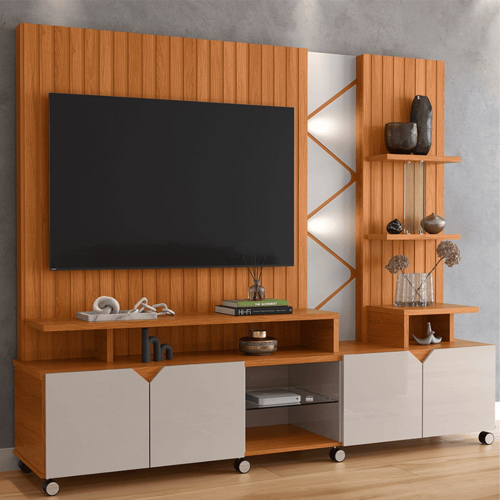 Estante Home TV de até 55 Polegadas com LED Cross cor Frisado Jequitiba/Off White - Lukaliam Estante Home TV de até 55 Polegadas com LED Cross cor Frisado Jequitiba/Off White - Lukaliam