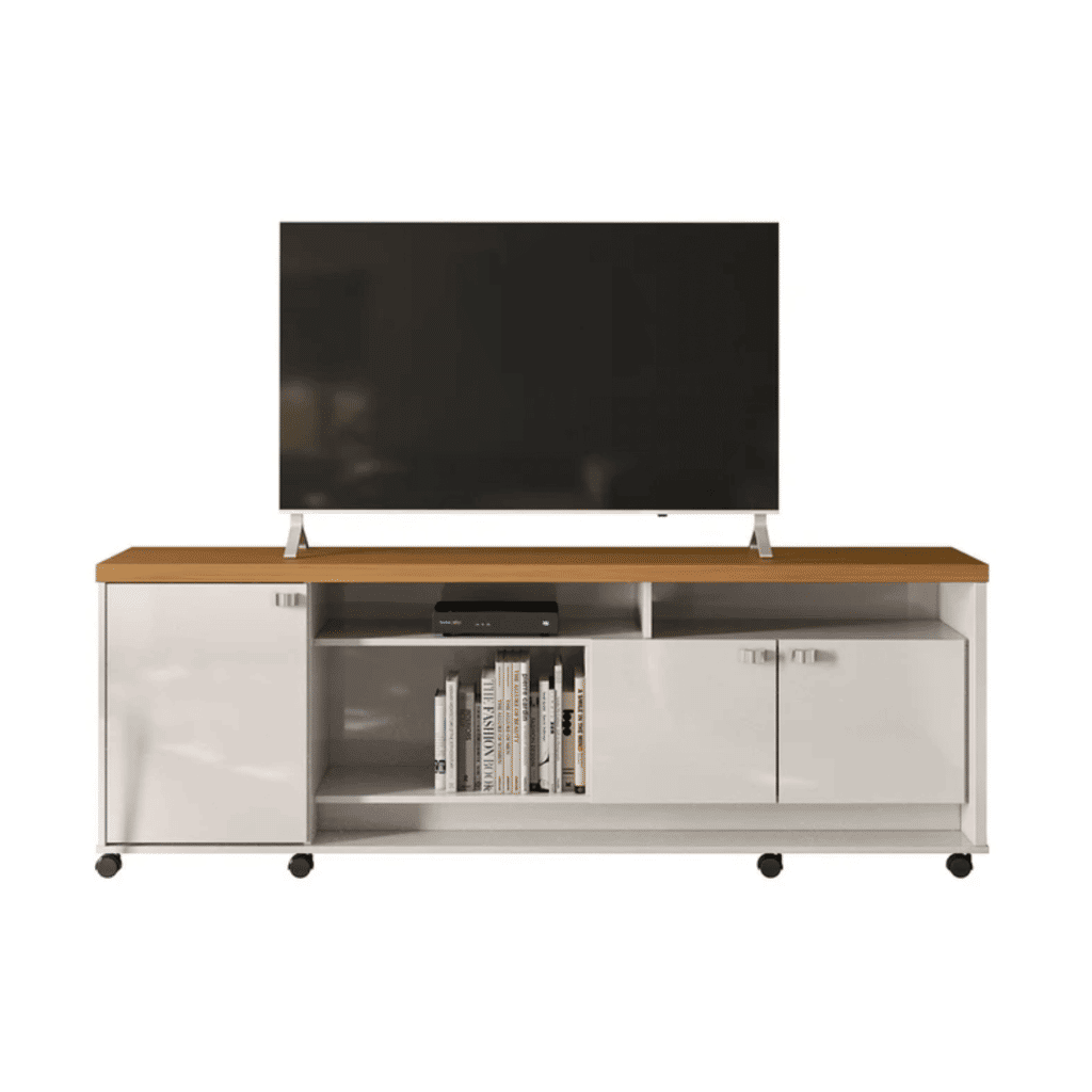 Bancada Rack para Sala Dallas Off White/Tauari 3 Portas 2 Prateleiras e Rodízios - Lukaliam Bancada Rack para Sala Dallas Off White/Tauari 3 Portas 2 Prateleiras e Rodízios - Lukaliam