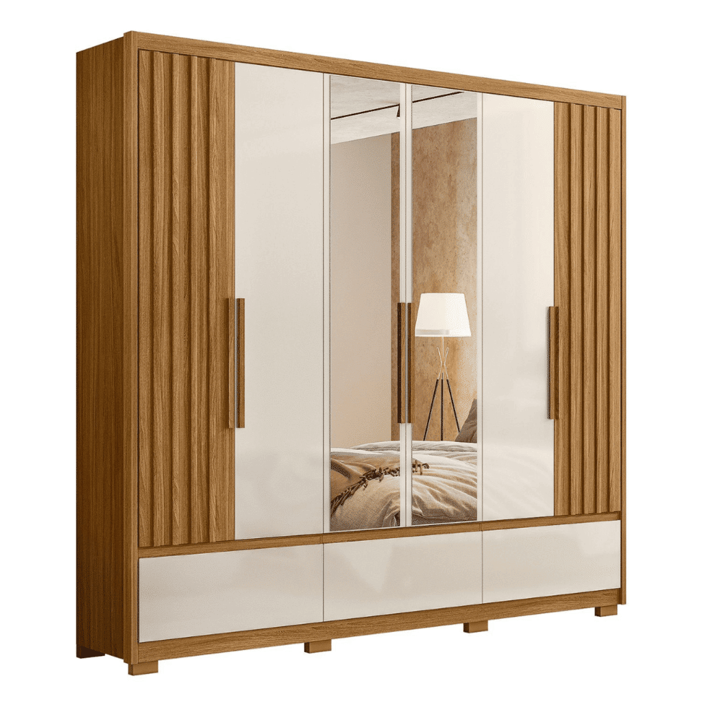 Guarda Roupa Casal com Espelho Amazonas 6 Portas Freijo/Off White Moval Guarda Roupa Casal com Espelho Amazonas 6 Portas Freijo/Off White Moval