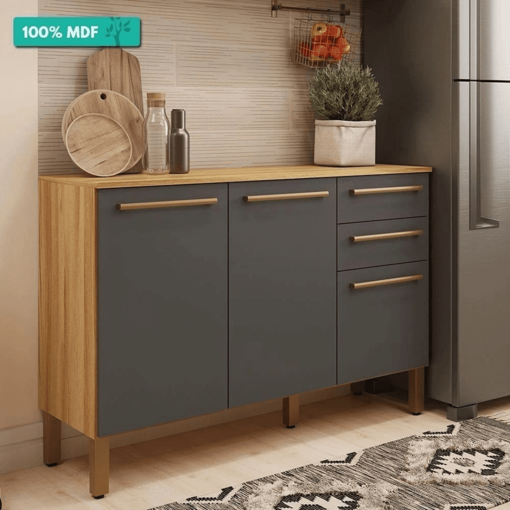 Balcão de Cozinha com Tampo em MDF 3 Portas 2 Gavetas Ronipa Carmenere 120cm Amendoa/Chumbo Balcão de Cozinha com Tampo em MDF 3 Portas 2 Gavetas Ronipa Carmenere 120cm Amendoa/Chumbo