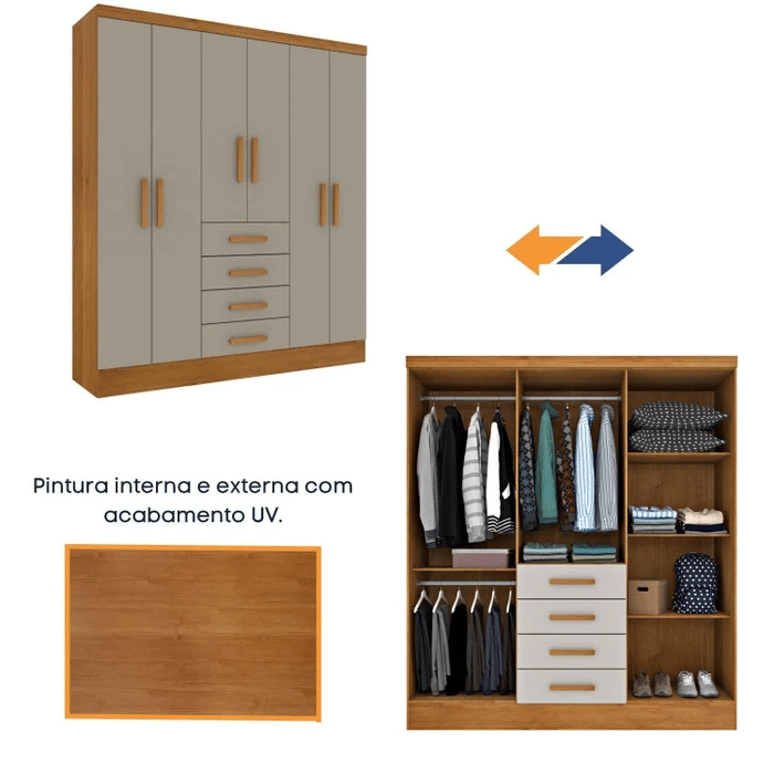 Guarda-Roupa Casal 6 Portas Tcil Móveis Arizona Cinamomo/Off White Guarda-Roupa Casal 6 Portas Tcil Móveis Arizona Cinamomo/Off White