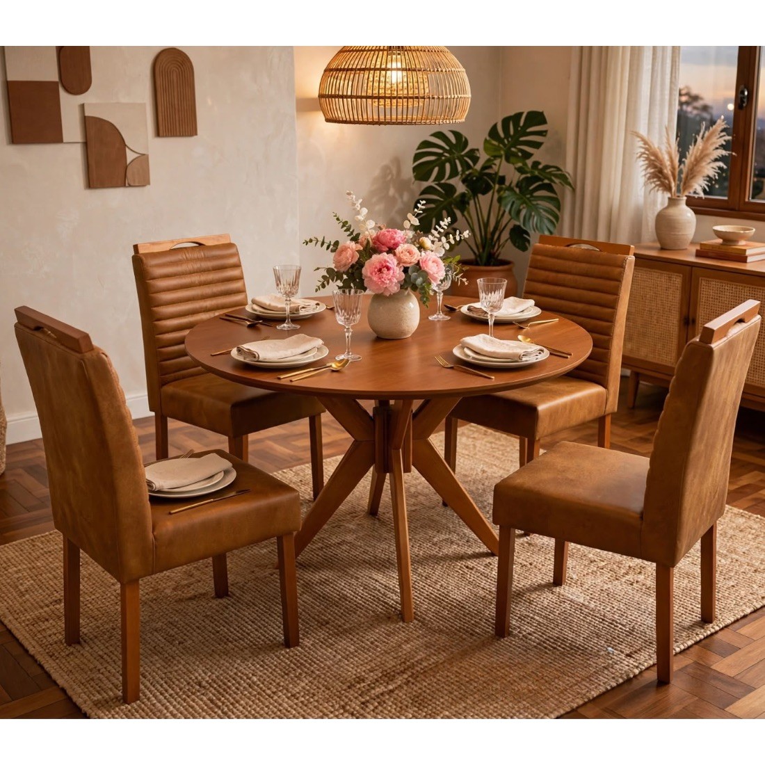 Mesa Italia 120x120 Madeira Maciça Laminado 4 Cadeiras Linha Couro Mesa Italia 120x120 Madeira Maciça Laminado 4 Cadeiras Linha Couro