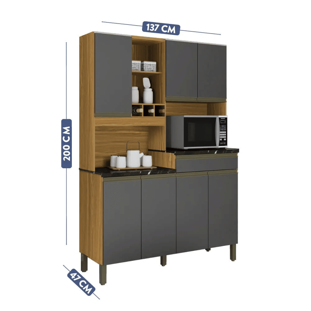 Armário de Cozinha Kit em MDF 7 Portas 1 Gaveta Ronipa Verdot Perfil Amendoa/Chumbo Armário de Cozinha Kit em MDF 7 Portas 1 Gaveta Ronipa Verdot Perfil Amendoa/Chumbo