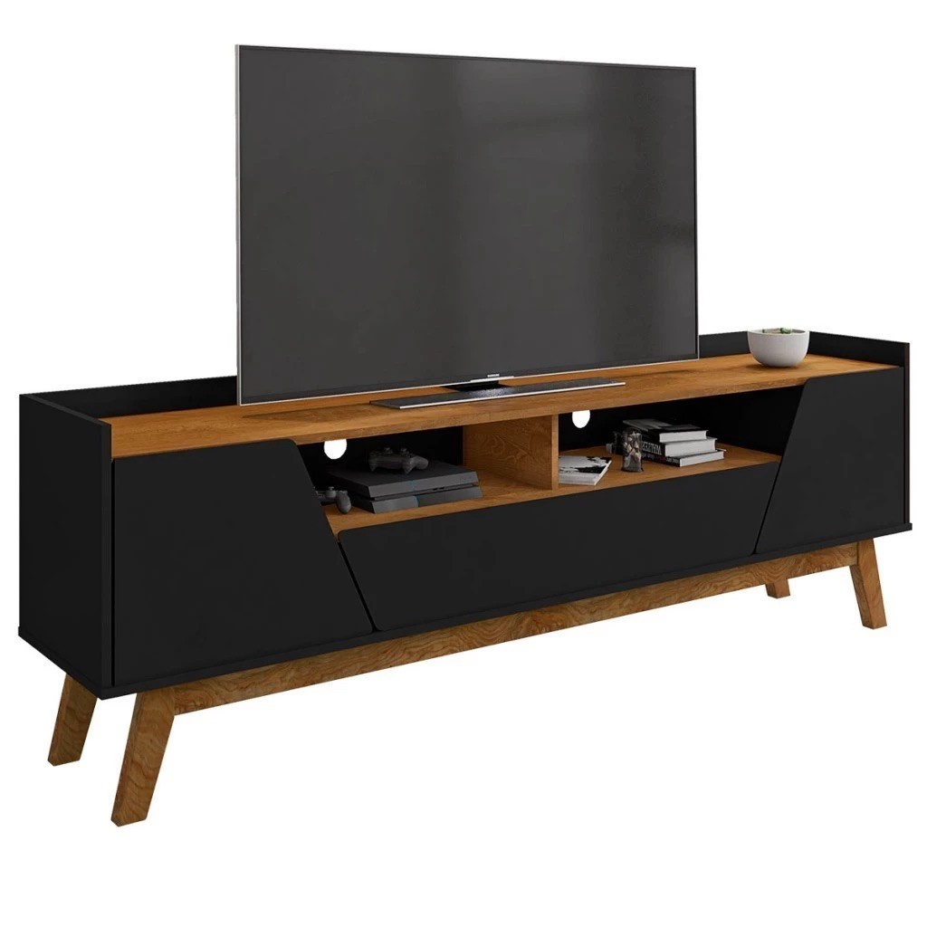 Rack Sala Florença para TV até 70 Polegadas com Pés Madeira Bechara Preto Fosco/Naturale