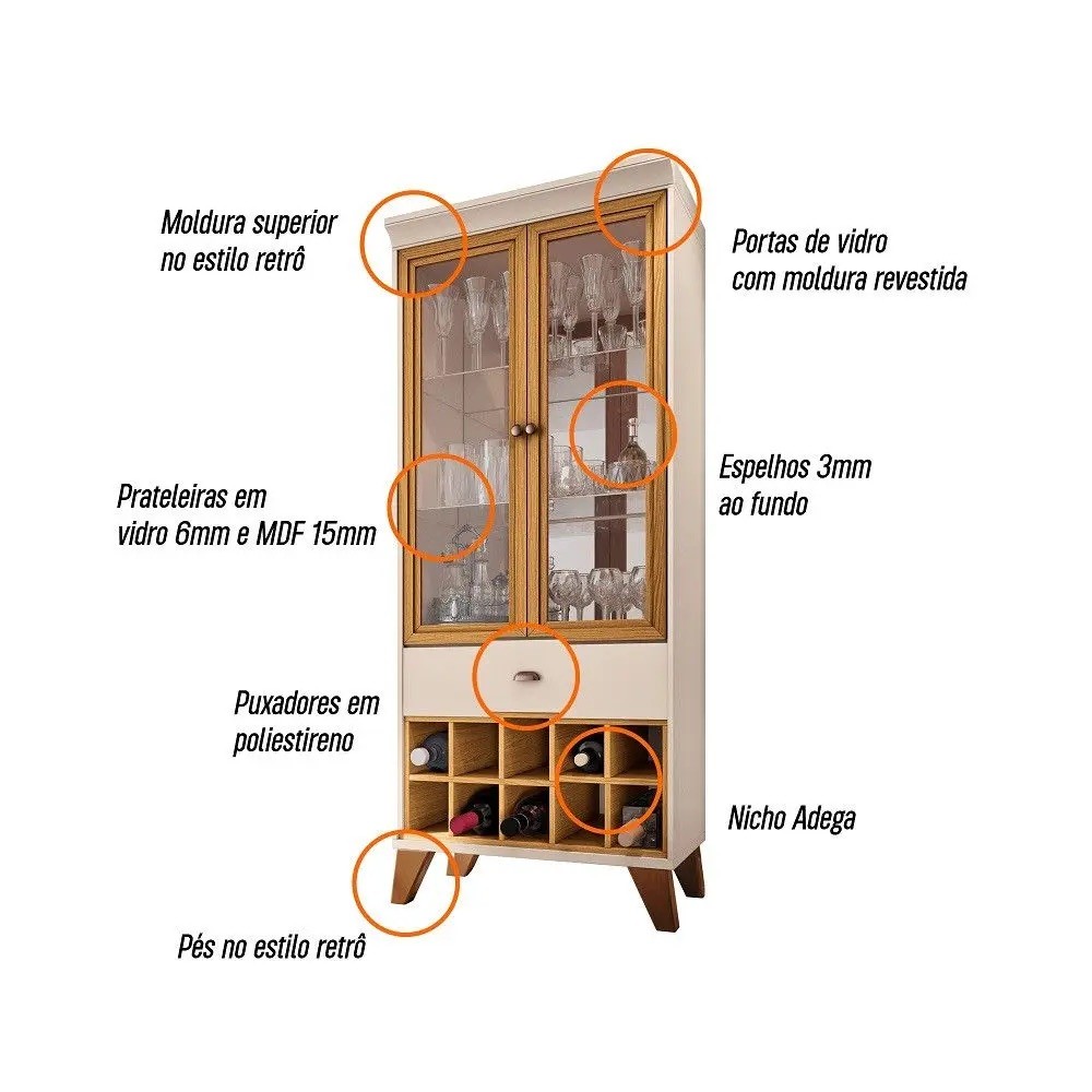 Cristaleira 2 Portas de Vidro 1 Gaveta Adega HB Móveis Opera Off White/Cinamomo