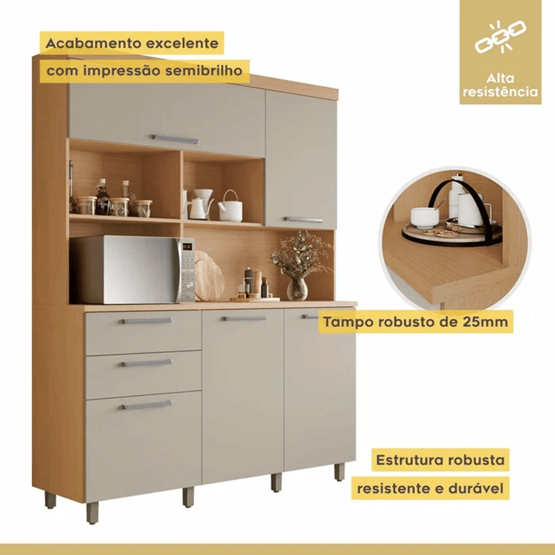 Kit Cozinha Compacta Nesher Nobreza 5 Portas 2 Gavetas 160cm – Carvalho/Greige Kit Cozinha Compacta Nesher Nobreza 5 Portas 2 Gavetas 160cm – Carvalho/Greige