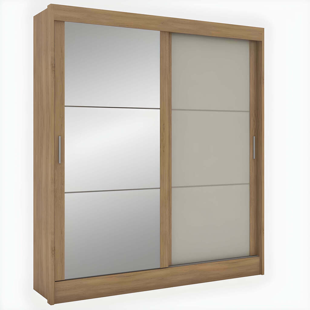 Guarda-Roupa Casal com Espelho 2 Portas de Correr Rodial Andros Nature/Off White  Guarda-Roupa Casal com Espelho 2 Portas de Correr Rodial Andros Nature/Off White