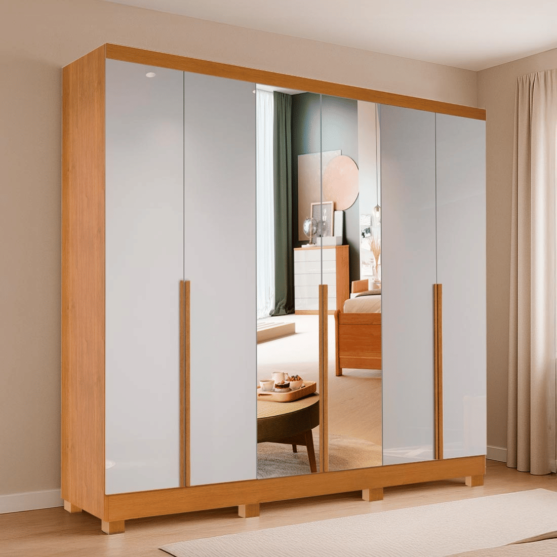 Guarda Roupa Casal Master 240 6 Portas, com Espelho, 100% MDF cor Nature/Off White - Bianchi  Guarda Roupa Casal Master 240 6 Portas, com Espelho, 100% MDF cor Nature/Off White - Bianchi