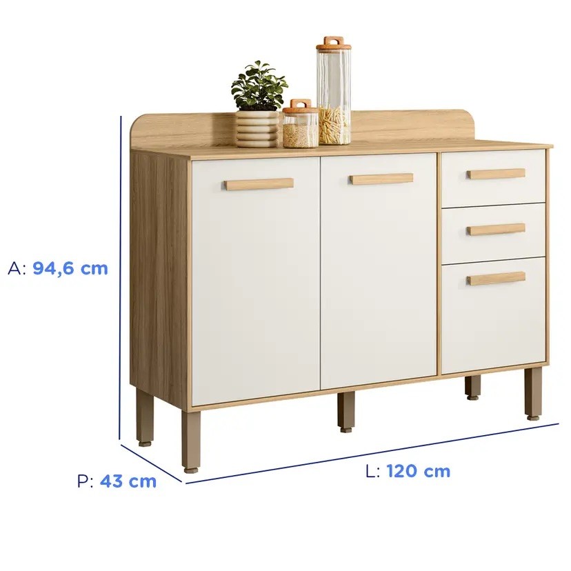 Balcao Nicioli Maria Flor 3pts e 2gav 120cm Freijo/offWhite