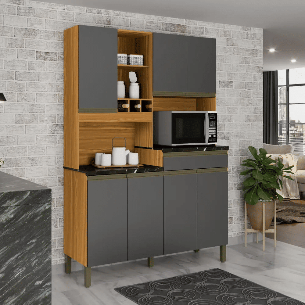 Armário de Cozinha Kit em MDF 7 Portas 1 Gaveta Ronipa Verdot Perfil Amendoa/Chumbo Armário de Cozinha Kit em MDF 7 Portas 1 Gaveta Ronipa Verdot Perfil Amendoa/Chumbo