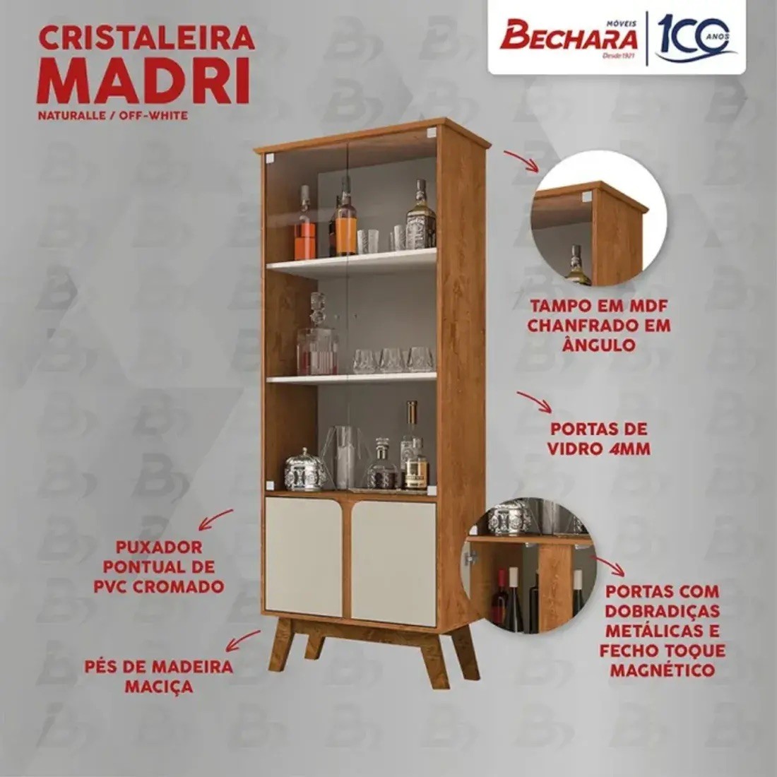 Cristaleira 2 Portas Madri Naturalle com Off White Bechara