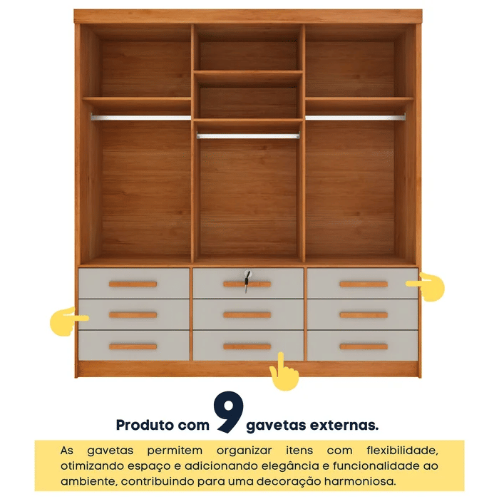Guarda-Roupa Casal 3 Portas 9 Gavetas Tcil Móveis Chicago Cinamomo/Off White Guarda-Roupa Casal 3 Portas 9 Gavetas Tcil Móveis Chicago Cinamomo/Off White