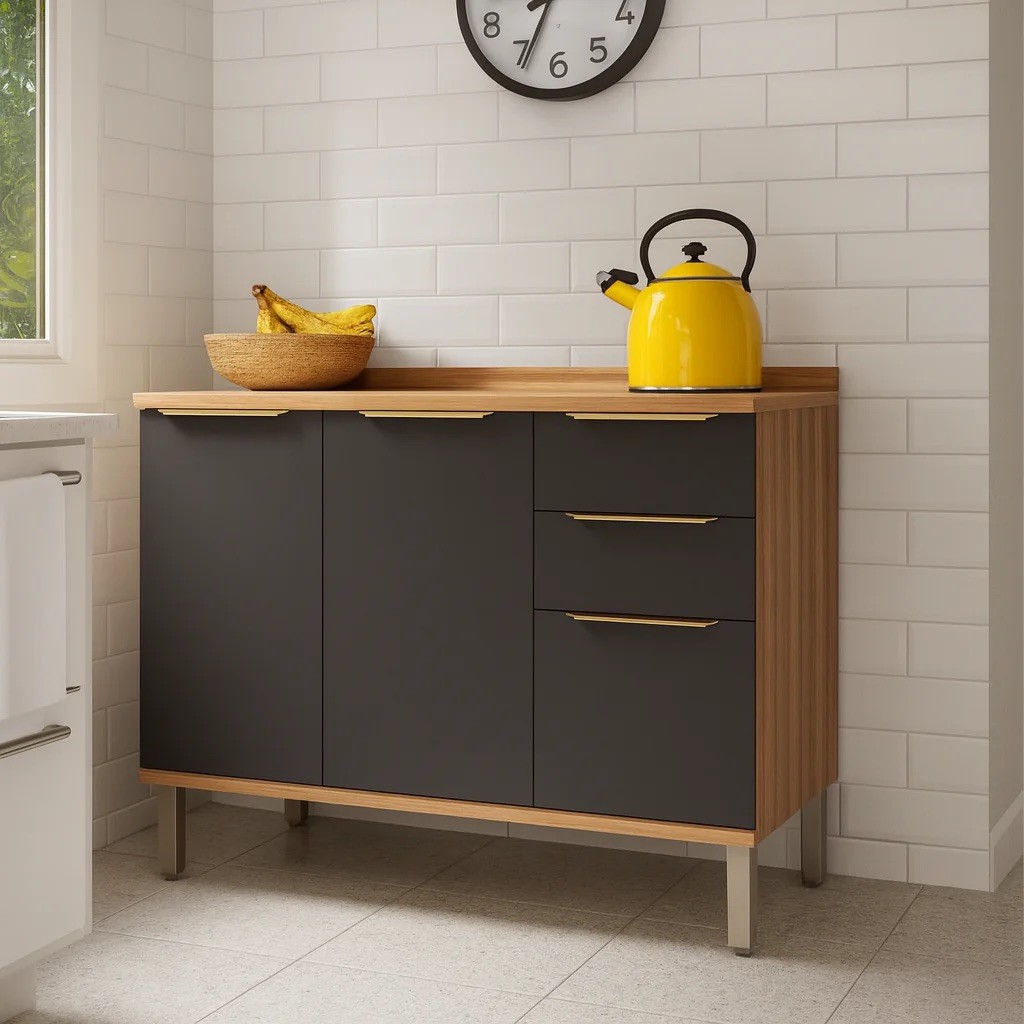 Balcão de Cozinha 100% MDF Sauvignon 2 Portas e 3 Gavetas p/ Pia c/Tampo 120cm Amendoa/Chumbo - Ronipa Balcão de Cozinha 100% MDF Sauvignon 2 Portas e 3 Gavetas p/ Pia c/Tampo 120cm Amendoa/Chumbo - Ronipa