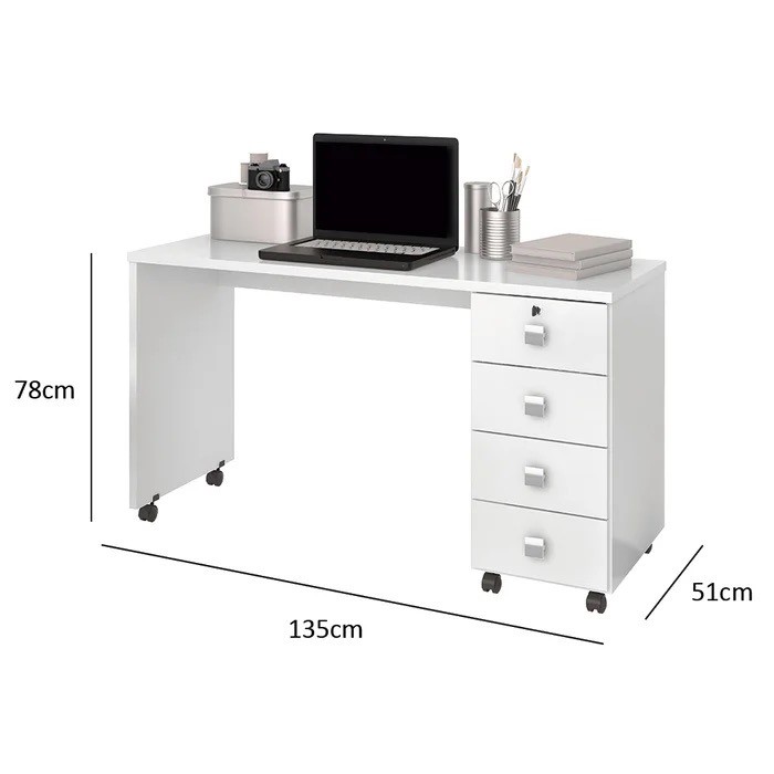 Escrivaninha Mesa Computador Lukaliam Dubai, 4 Gavetas, Rodízios, Branco Brilho Escrivaninha Mesa Computador Lukaliam Dubai, 4 Gavetas, Rodízios, Branco Brilho
