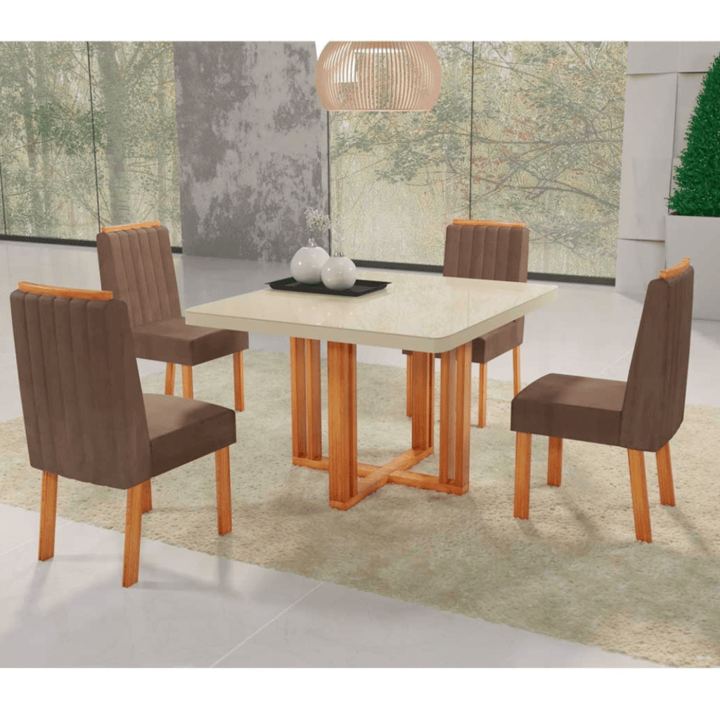 Mesa de Jantar Sentra 90x90 Tampo com Vidro, 04 cadeiras Nature/T3010 - Bom Pastor  Mesa de Jantar Sentra 90x90 Tampo com Vidro, 04 cadeiras Nature/T3010 - Bom Pastor