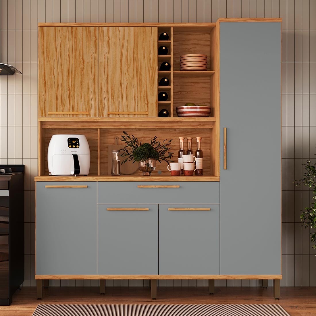 Kit de Cozinha Compacta 180 6 Portas 100% MDF Cecília Rio Doce - Amendoa/Cinza Kit de Cozinha Compacta 180 6 Portas 100% MDF Cecília Rio Doce - Amendoa/Cinza