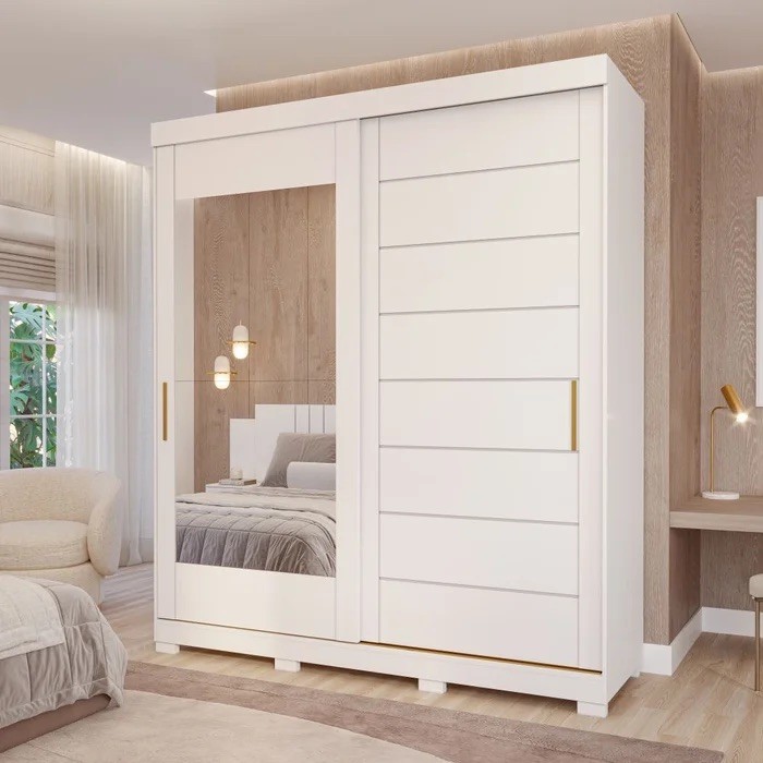 Guarda-Roupa Casal Com Espelho 2 Portas de Correr 100% MDF Panan Móveis Flora Branco Guarda-Roupa Casal Com Espelho 2 Portas de Correr 100% MDF Panan Móveis Flora Branco