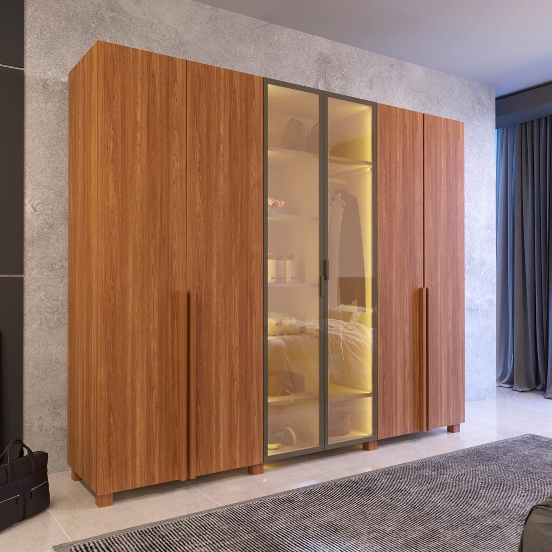 Guarda Roupa 6 Portas Modernita Reflecta com LED Duplex Casal Bom Pastor - Nogal