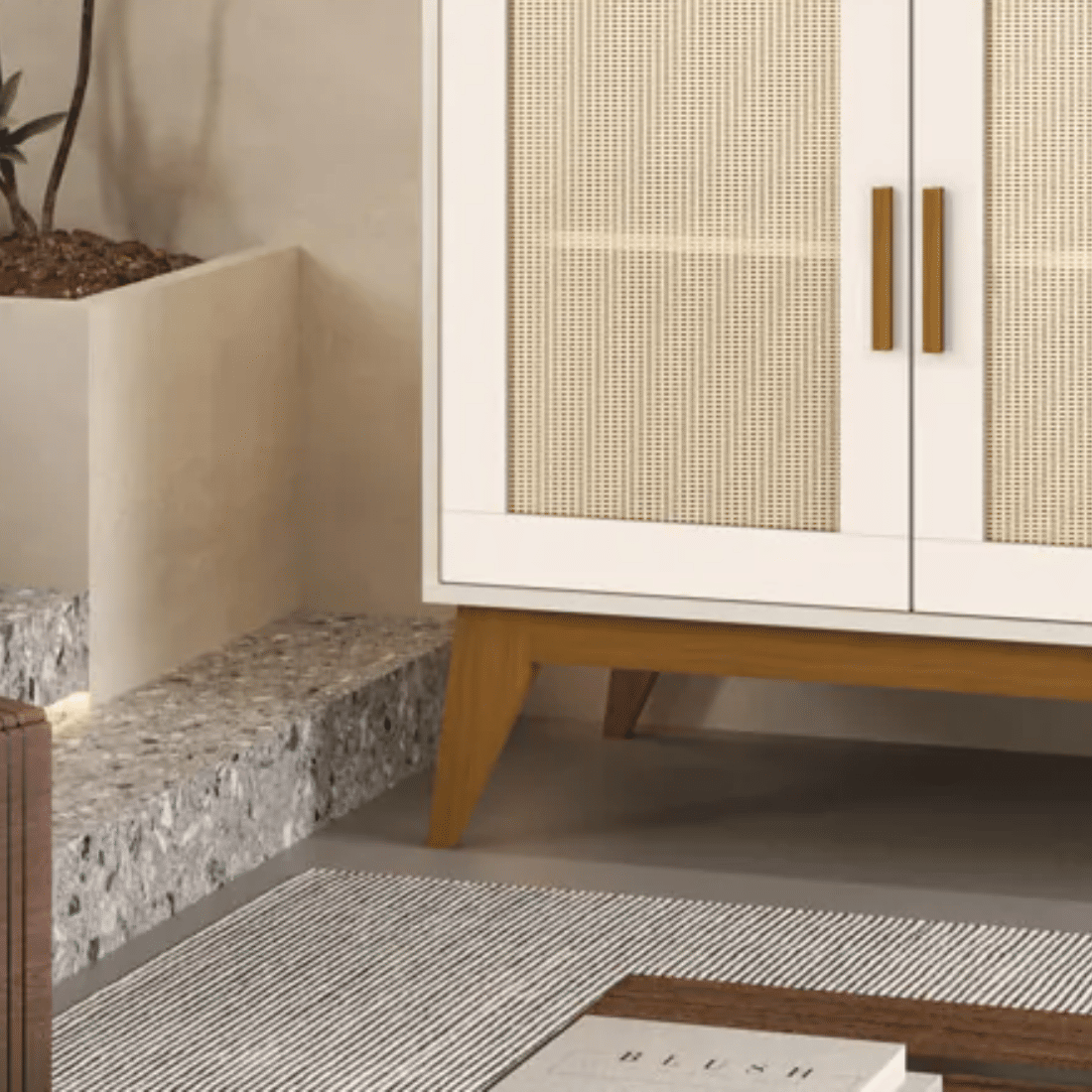 Buffet Aparador Andorra 3 Portas Tela Rattan Off White/Cedro EDN