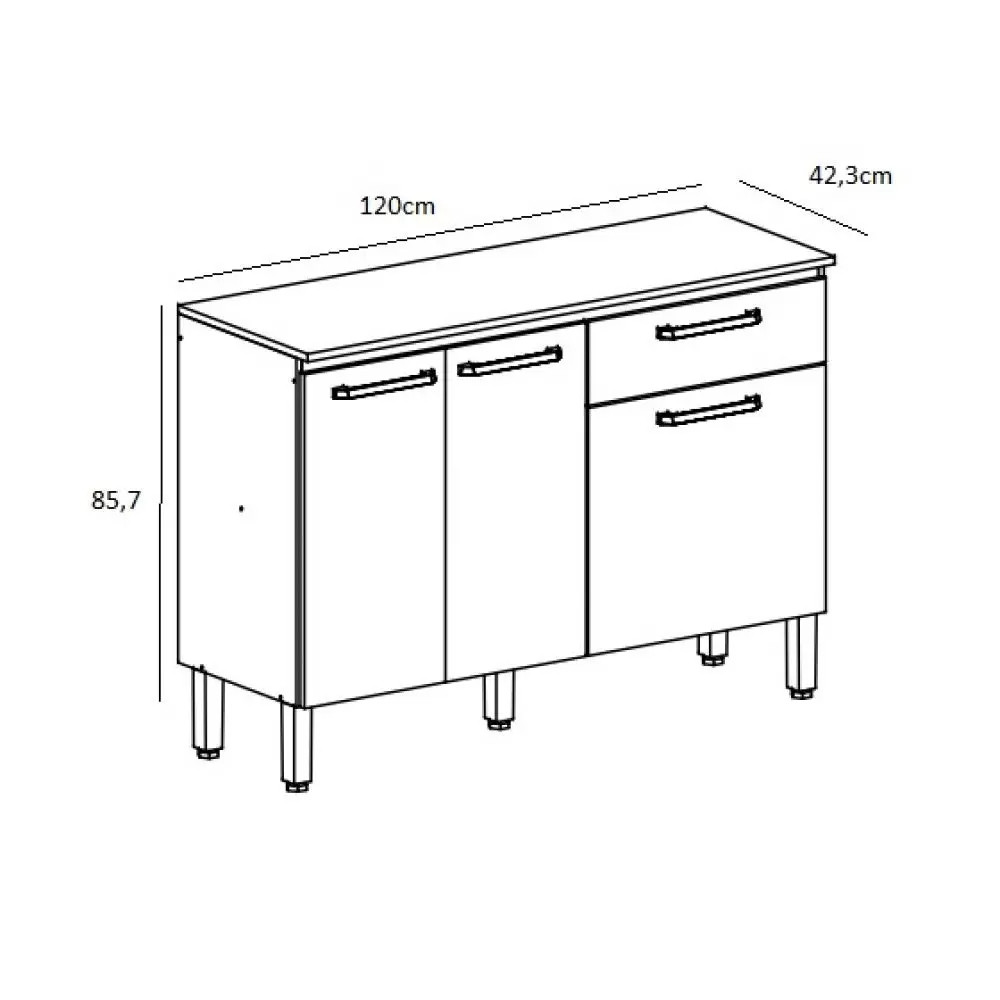 Balcão de Cozinha com Tampo 3 Portas 1 Gaveta 120cm Paraná Versalhes Freijó/Griss Balcão de Cozinha com Tampo 3 Portas 1 Gaveta 120cm Paraná Versalhes Freijó/Griss