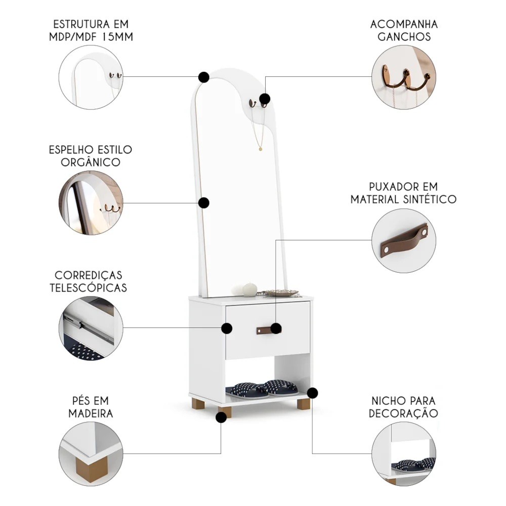 Toucador Penteadeira Com Espelho 1 Gaveta Organic Branco - EJ Móveis Toucador Penteadeira Com Espelho 1 Gaveta Organic Branco - EJ Móveis