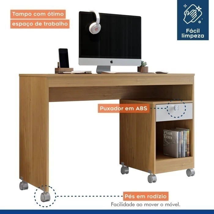 Escrivaninha Mesa de Computador 1 Gaveta com Rodízios Giga Cinamomo/Off White - Valdemoveis Escrivaninha Mesa de Computador 1 Gaveta com Rodízios Giga Cinamomo/Off White - Valdemoveis