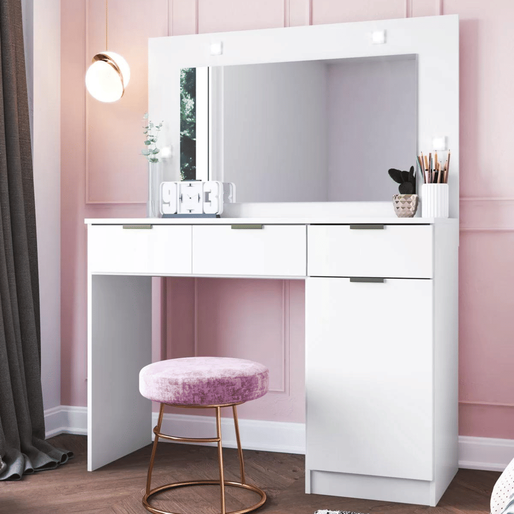 Penteadeira com Espelho e Led 3 Gavetas 1 Porta Condessa Branco Fiorello Penteadeira com Espelho e Led 3 Gavetas 1 Porta Condessa Branco Fiorello