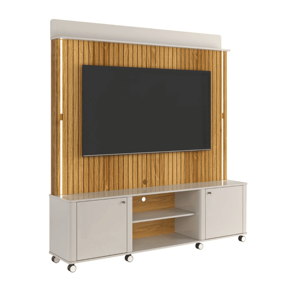 Estante Home Para TV 75 Polegadas com LED e Rodízios Lukaliam Florença Off White/Freijó Impressão 3D Estante Home Para TV 75 Polegadas com LED e Rodízios Lukaliam Florença Off White/Freijó Impressão 3D