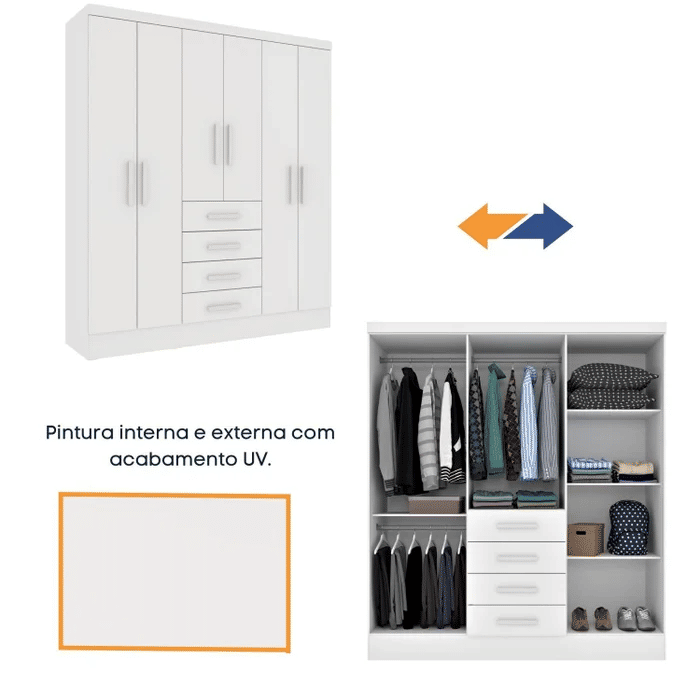 Guarda-Roupa Casal com Espelho, 6 Portas Tcil Móveis Arizona Branco Guarda-Roupa Casal com Espelho, 6 Portas Tcil Móveis Arizona Branco