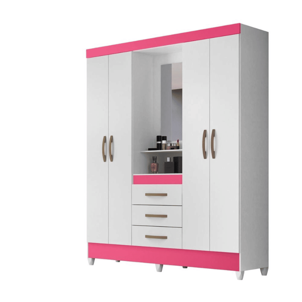 Guarda Roupa Solteiro 4 Portas com Espelho 3 Gavetas Capri Branco/Rosa - Moval Guarda Roupa Solteiro 4 Portas com Espelho 3 Gavetas Capri Branco/Rosa - Moval