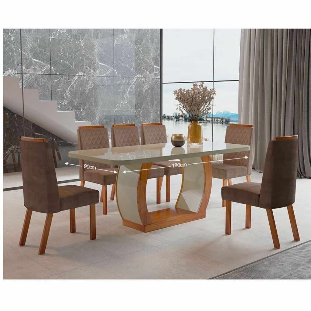 Conjunto Mesa Vigor 180x90 Luxo com 6 cadeiras Noce com Off White - Bom Pastor Conjunto Mesa Vigor 180x90 Luxo com 6 cadeiras Noce com Off White - Bom Pastor