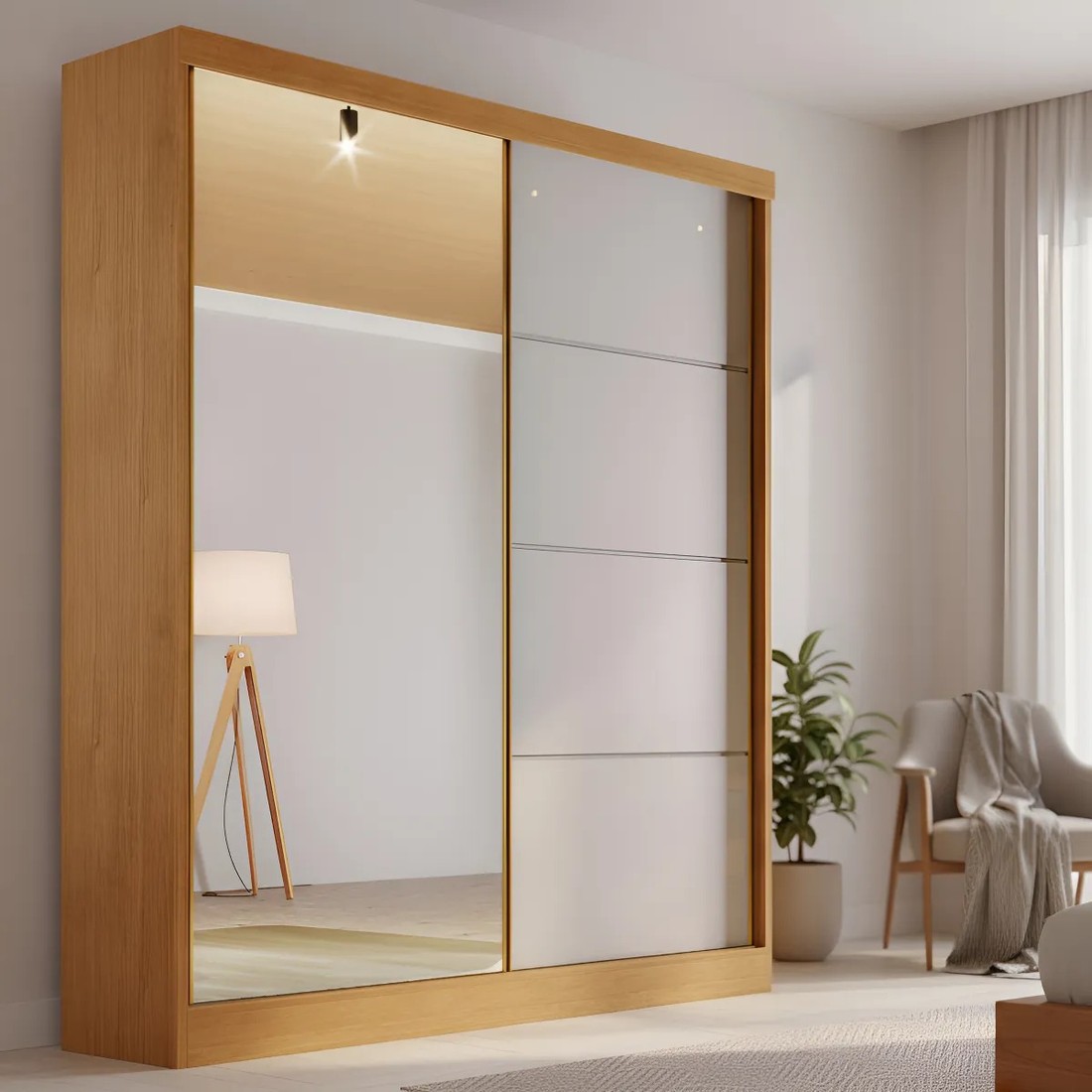 Guarda-Roupa Casal Com Espelho 2 Portas de Correr 100% MDF Veneza Naturall/Off White - Bianchi Guarda-Roupa Casal Com Espelho 2 Portas de Correr 100% MDF Veneza Naturall/Off White - Bianchi