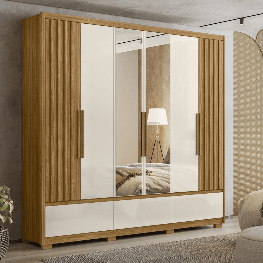 Guarda Roupa Casal com Espelho Amazonas 6 Portas Freijo/Off White Moval Guarda Roupa Casal com Espelho Amazonas 6 Portas Freijo/Off White Moval