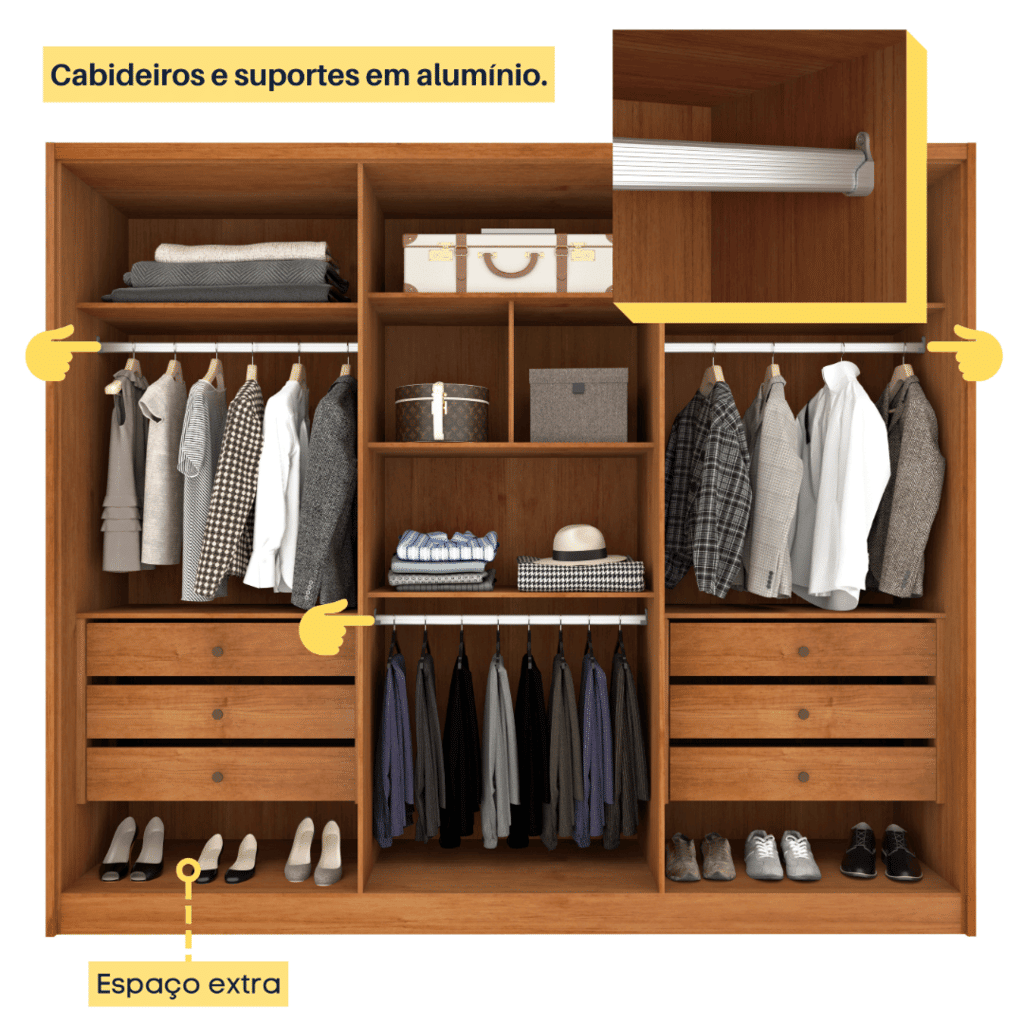 Guarda-Roupa Casal em MDF 6 Portas Tcil Móveis Realeza C/ Pés Cinamomo/Off White Guarda-Roupa Casal em MDF 6 Portas Tcil Móveis Realeza C/ Pés Cinamomo/Off White