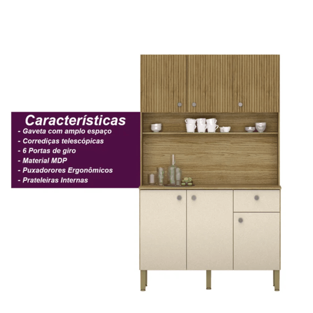 Armário de Cozinha Kit 6 Portas Style Frisado Freijo/Vanilla - Kits Paraná Armário de Cozinha Kit 6 Portas Style Frisado Freijo/Vanilla - Kits Paraná