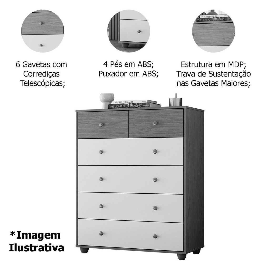 Cômoda para Quarto 6 Gavetas Albatroz Vittoria Cinamomo/Off White