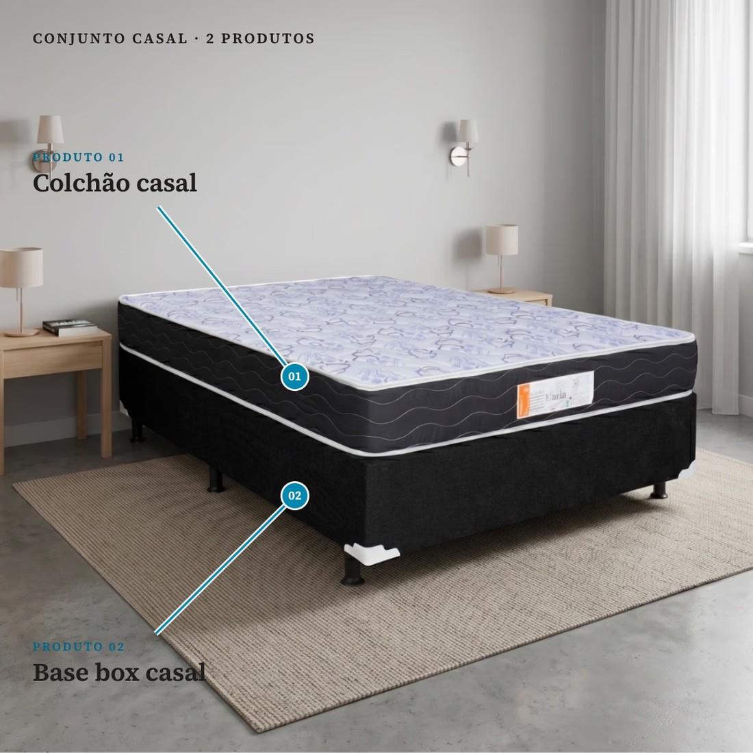 Conjunto Box Casal Colchão D28 Exclusive Topázio + Base Ortolike Suede Preto 138x188cm Conjunto Box Casal Colchão D28 Exclusive Topázio + Base Ortolike Suede Preto 138x188cm