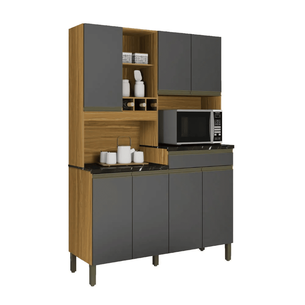 Armário de Cozinha Kit em MDF 7 Portas 1 Gaveta Ronipa Verdot Perfil Amendoa/Chumbo Armário de Cozinha Kit em MDF 7 Portas 1 Gaveta Ronipa Verdot Perfil Amendoa/Chumbo
