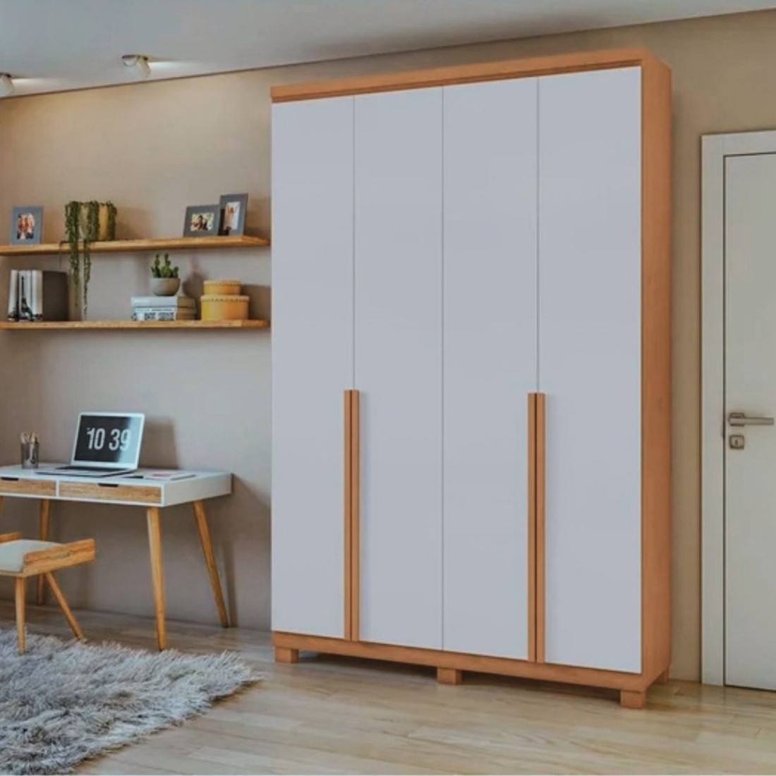 Guarda-roupa 4 Portas Abrir 2 Gavetas Lopas Alonzo 100% MDF Com Pés  - Amendoa Clean/Off White