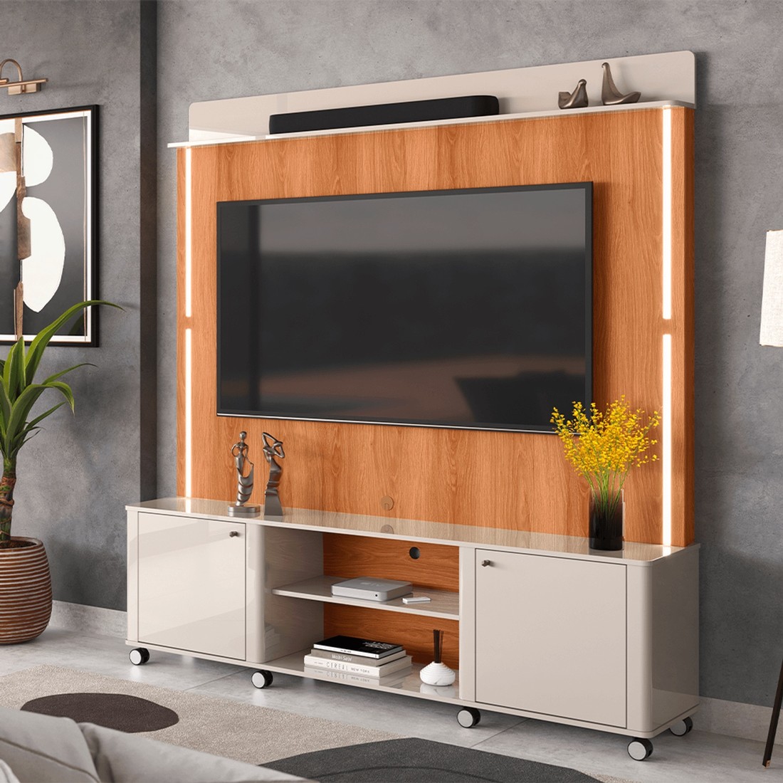 Estante Home Para TV 75 Polegadas com LED e Rodízios Lukaliam Florença Off White/Jequitibá