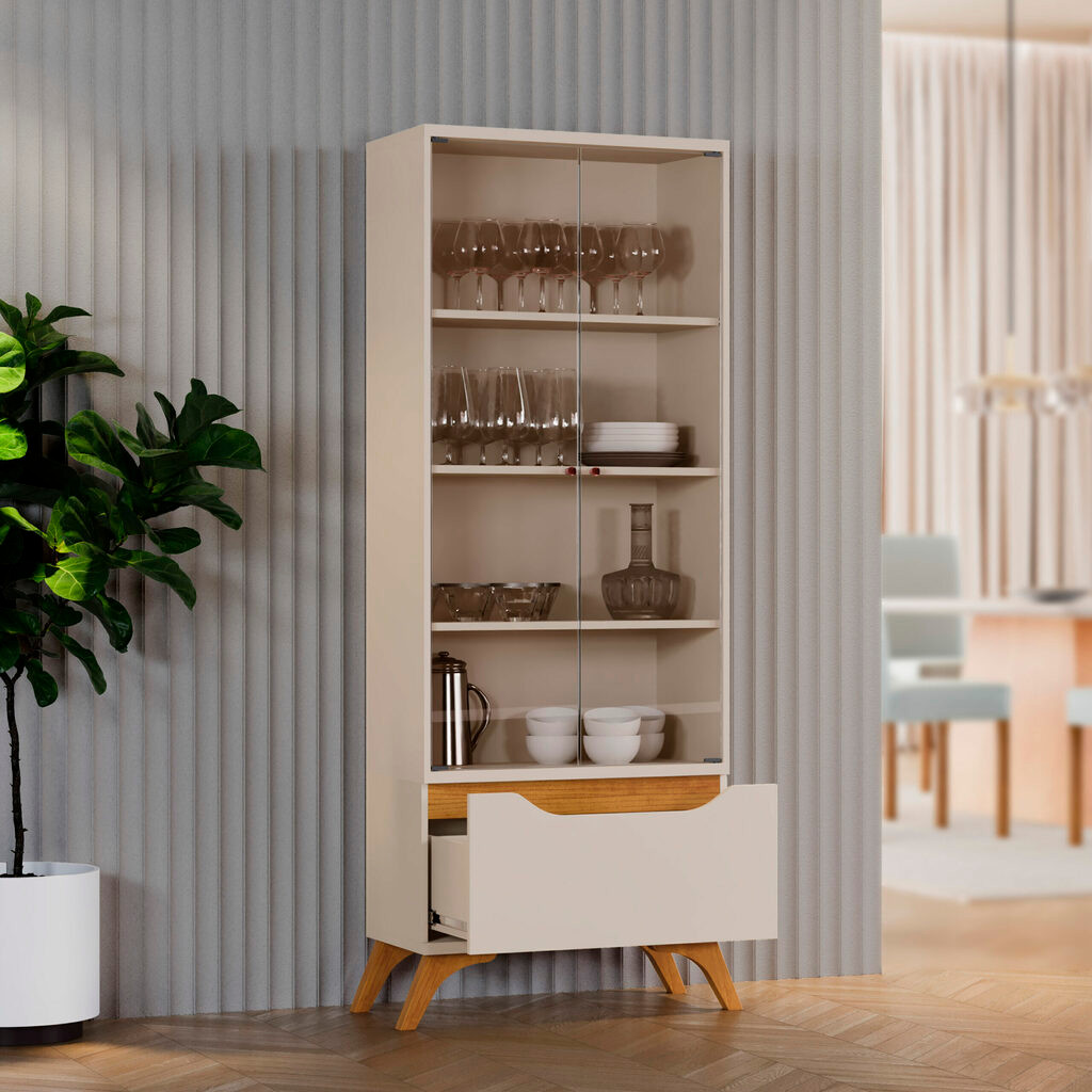 Cristaleira 2 Portas de Vidro 1 Gaveta Atenas Off White/Naturalle - Mavaular Cristaleira 2 Portas de Vidro 1 Gaveta Atenas Off White/Naturalle - Mavaular