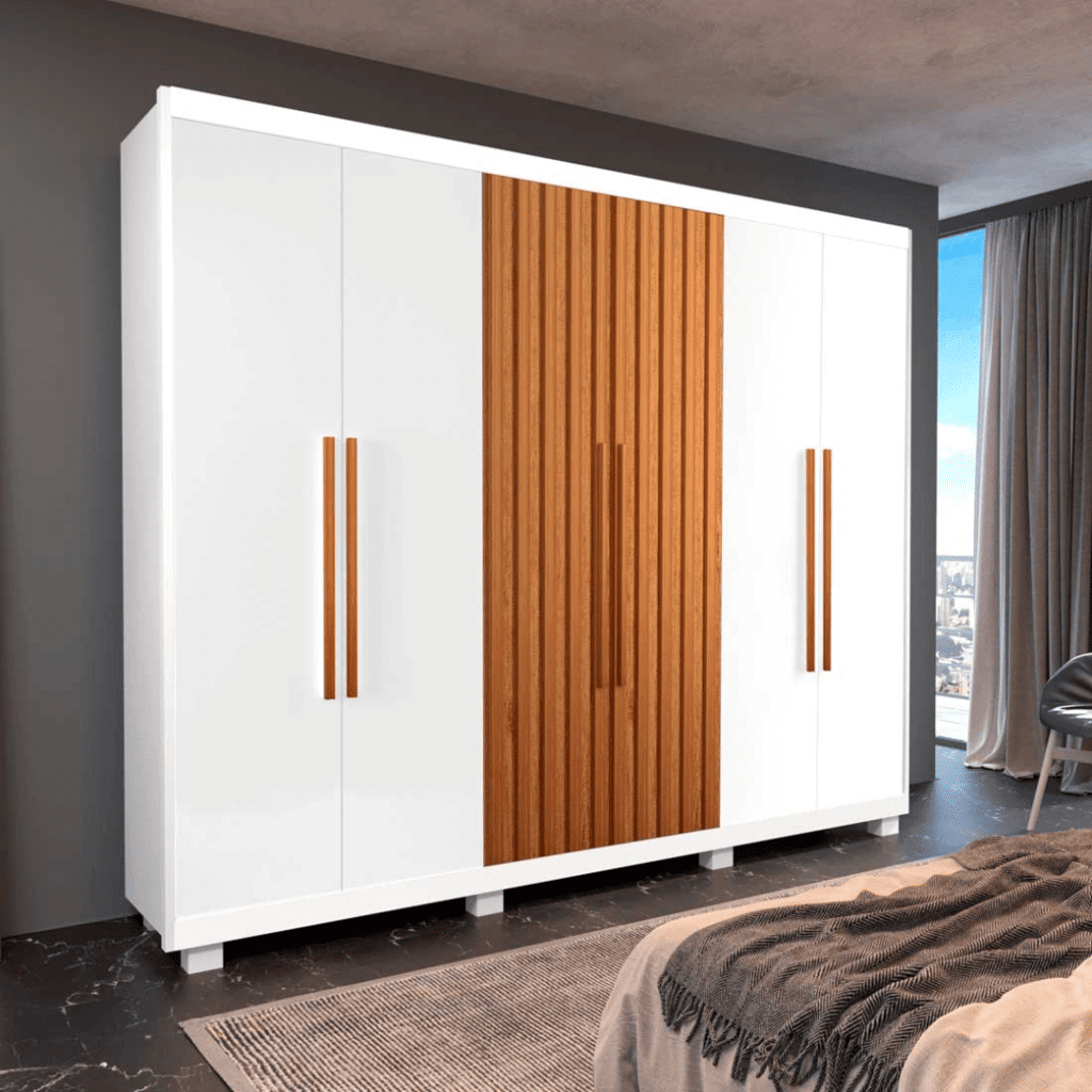 Guarda Roupa Casal Divine Plus 06 portas 100% MDF Branco/Naturalle Ripado - Bom Pastor Guarda Roupa Casal Divine Plus 06 portas 100% MDF Branco/Naturalle Ripado - Bom Pastor