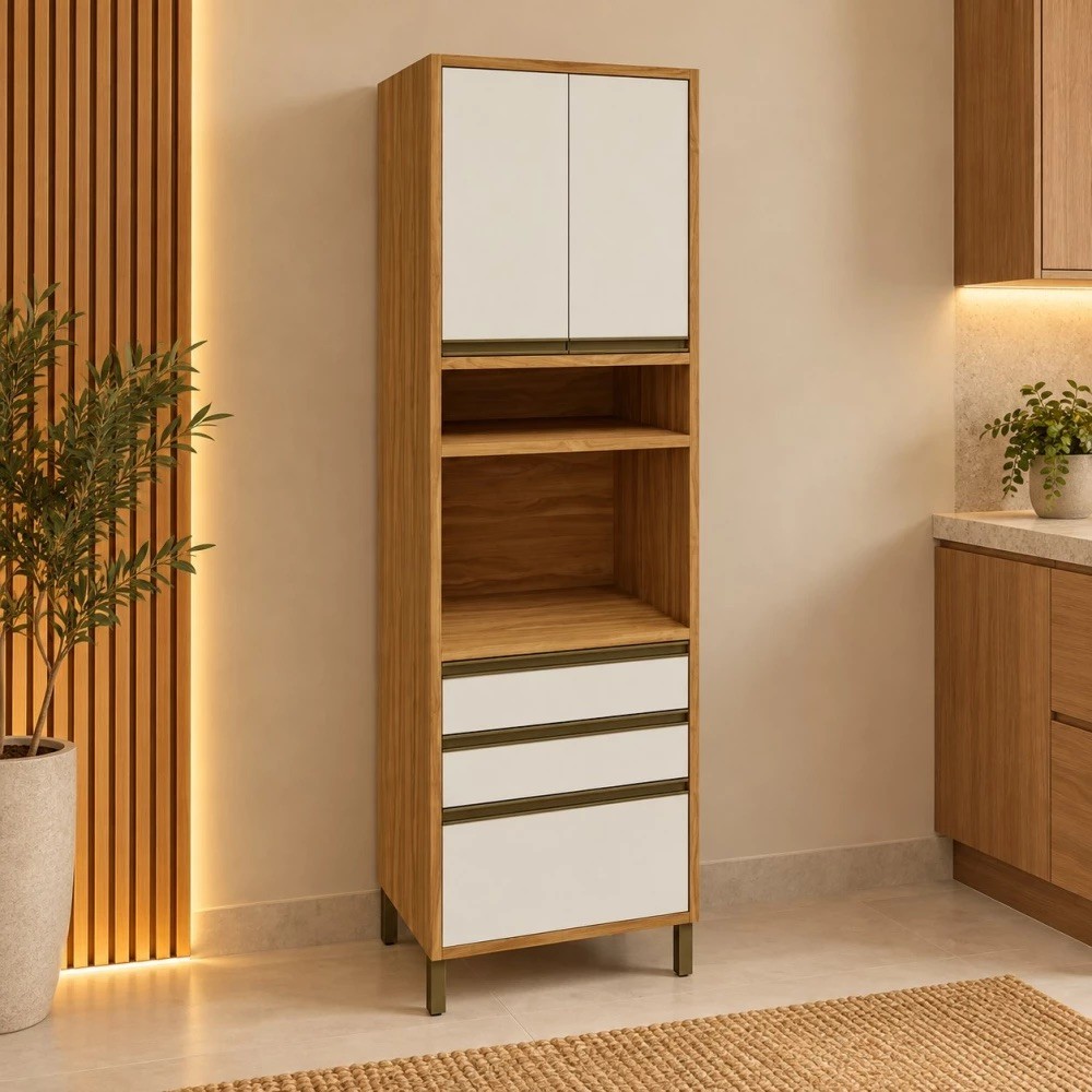 Paneleiro Ronipa 3 Portas 2 Gavetas Para Micro Tempranillo 70cm Amendoa/Off White Paneleiro Ronipa 3 Portas 2 Gavetas Para Micro Tempranillo 70cm Amendoa/Off White