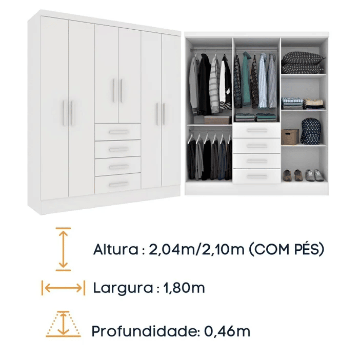 Guarda-Roupa Casal com Espelho, 6 Portas Tcil Móveis Arizona Branco Guarda-Roupa Casal com Espelho, 6 Portas Tcil Móveis Arizona Branco